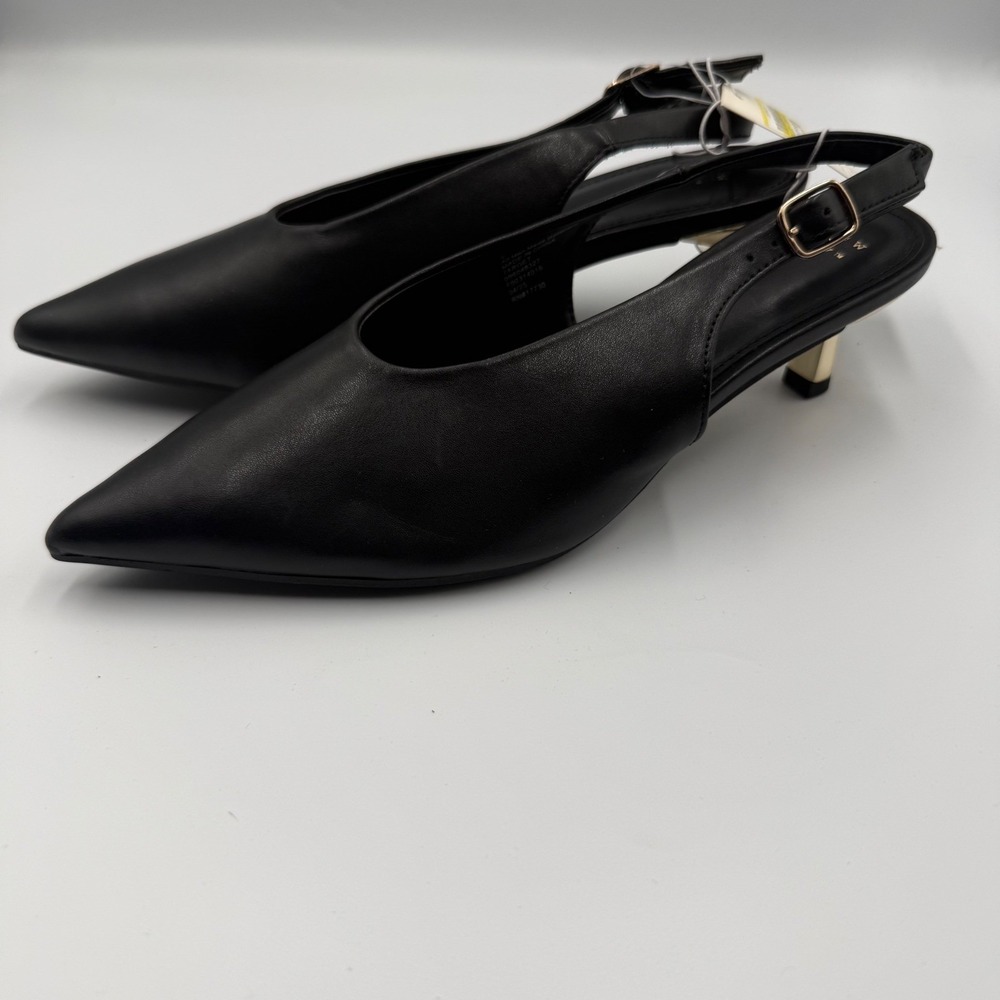 A New Day Samantha Black Pointed Toe Gold Kitten Heel Slingback Pumps 6